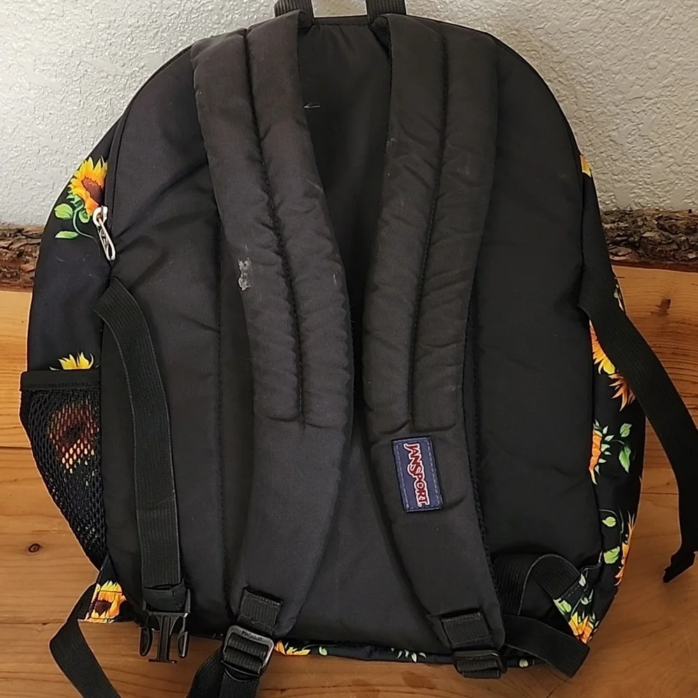 jansport backpack sunflower Superbreak Plus Front utility pocket with organizer Jansport Black Sunflower Print Backpack